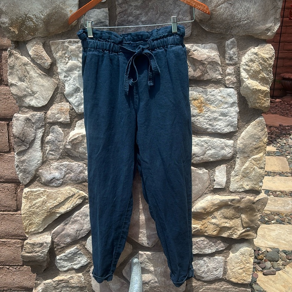 Donna Karan Navy Linen Pants High Rise Drawstring Waist Size XS